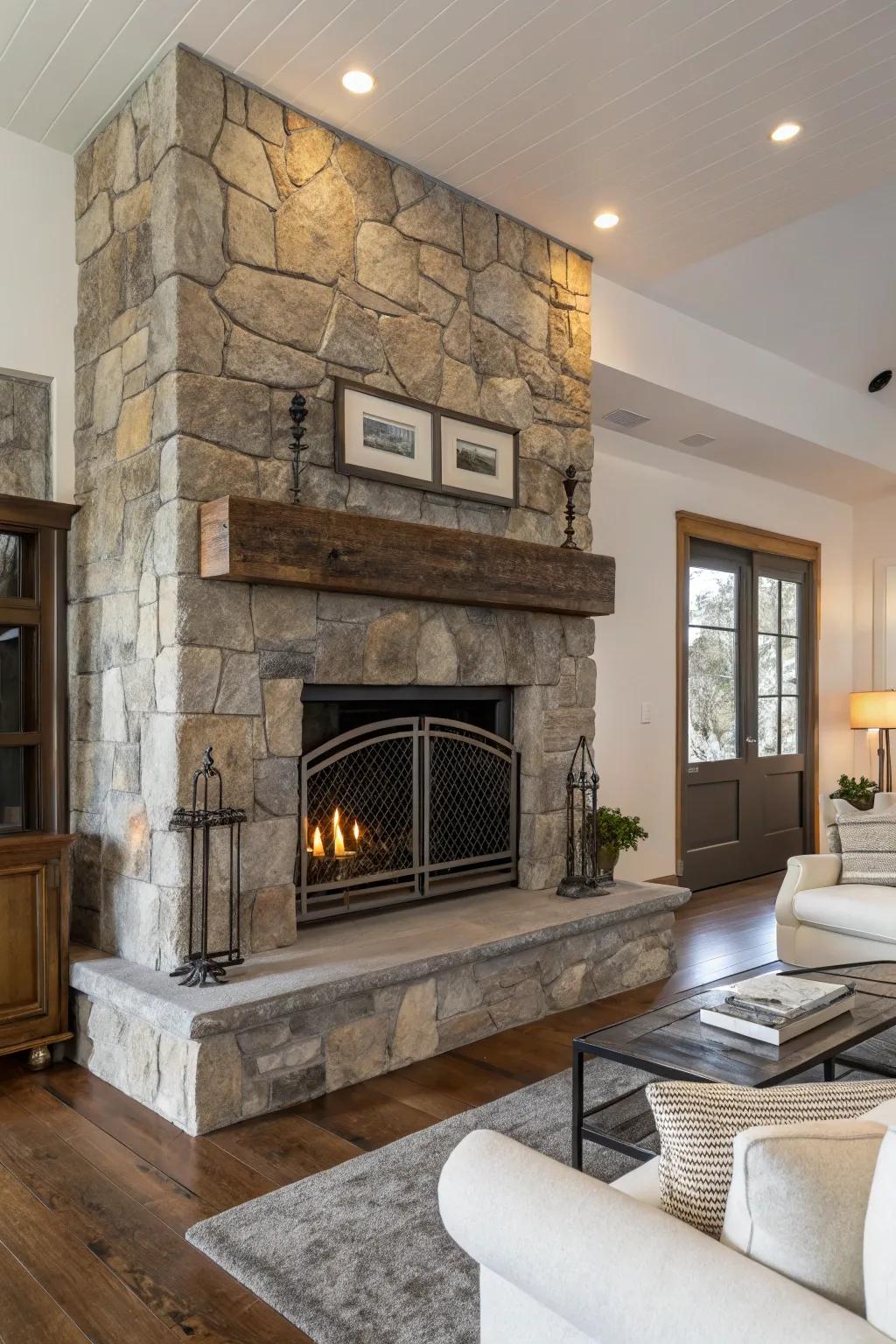 Metal details bring a contemporary edge to a stone fireplace.