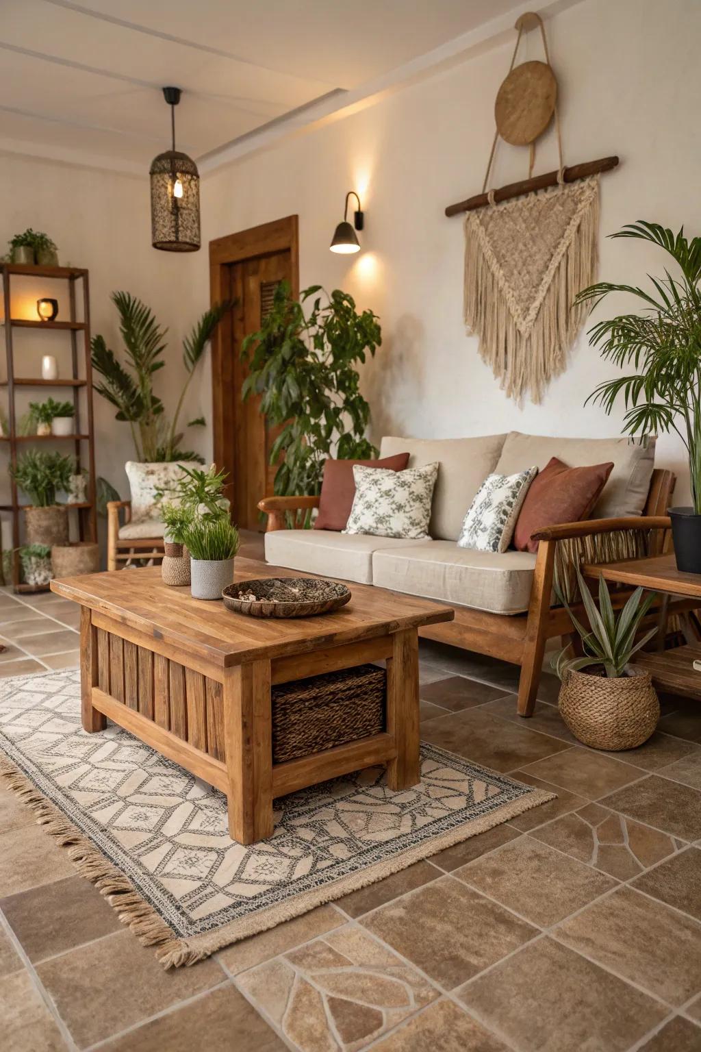 Welcoming lounge with wood-like tiles.