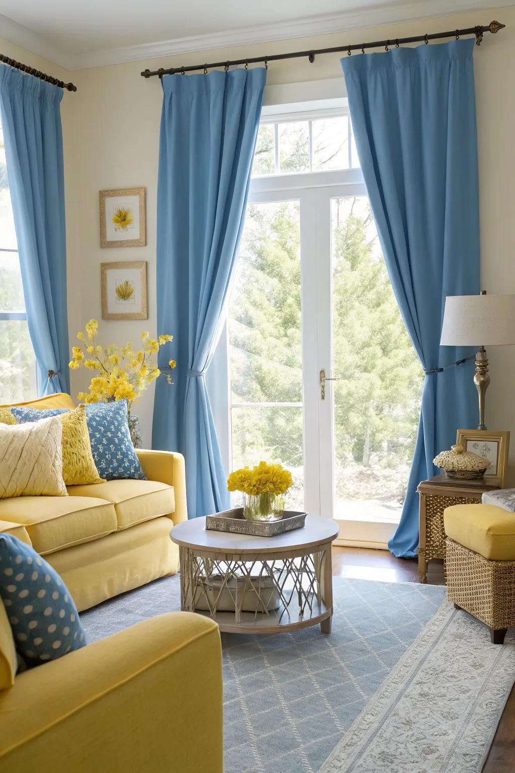 Citrine accents impart a cheerful dichotomy to azure window coverings, engendering an energetic and sunny residing space.
