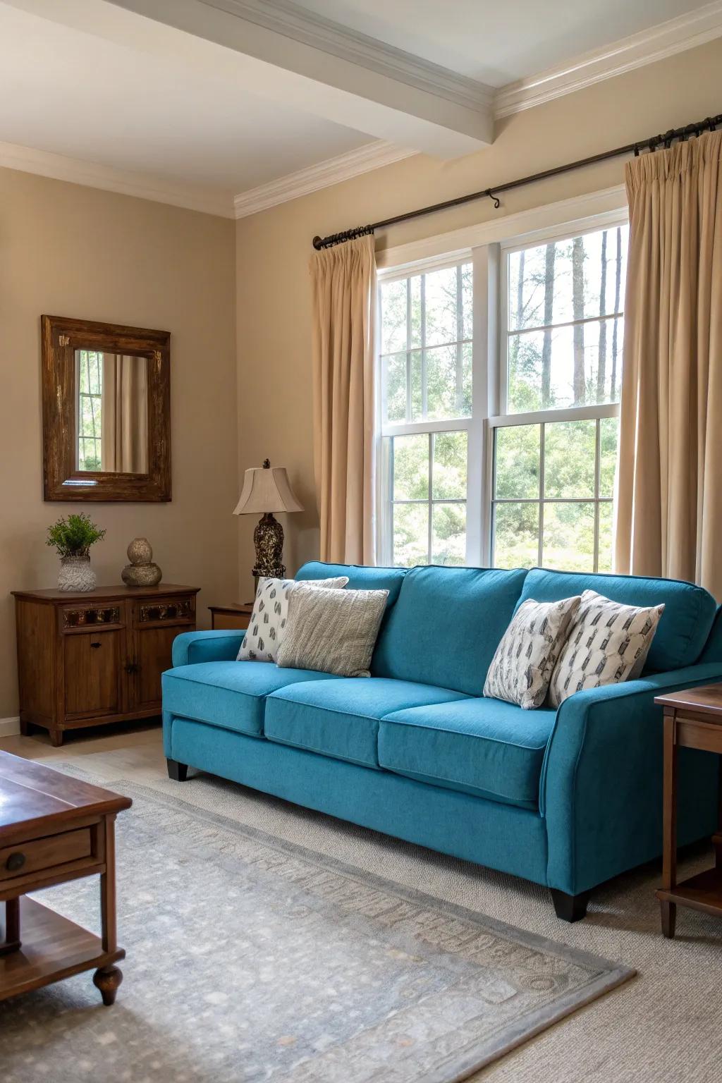 A daring-colored couch is able to turn into a stunning focus point in a neutral living space.