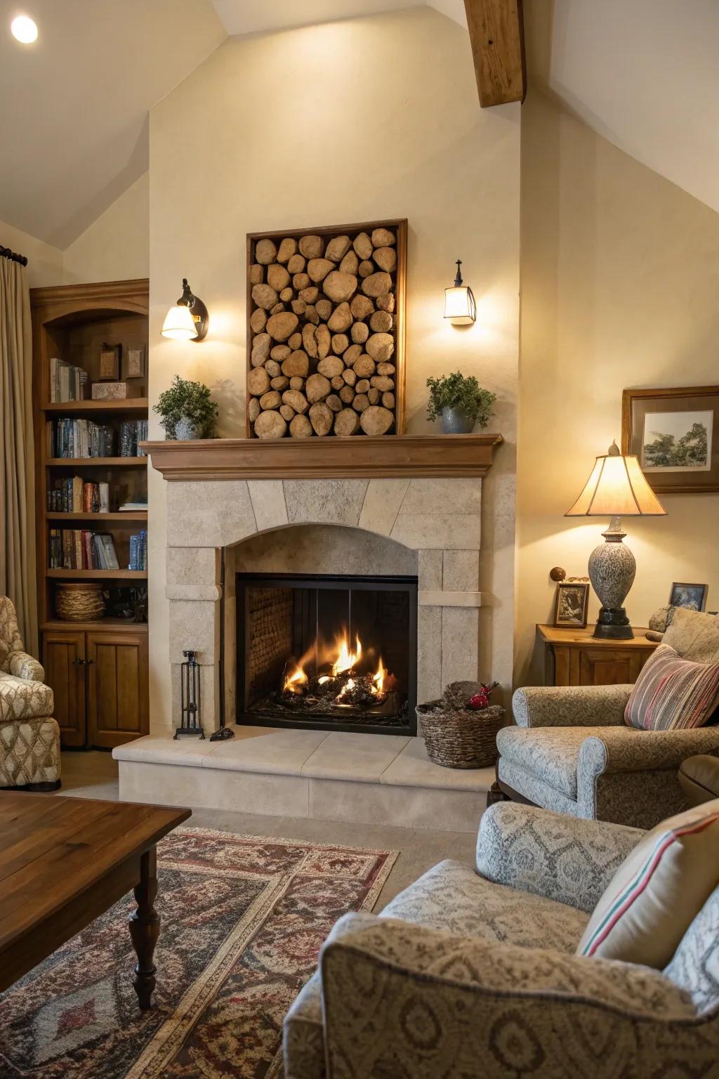 A beautifully designed living space featuring a modern firewood niche beside the fireplace.