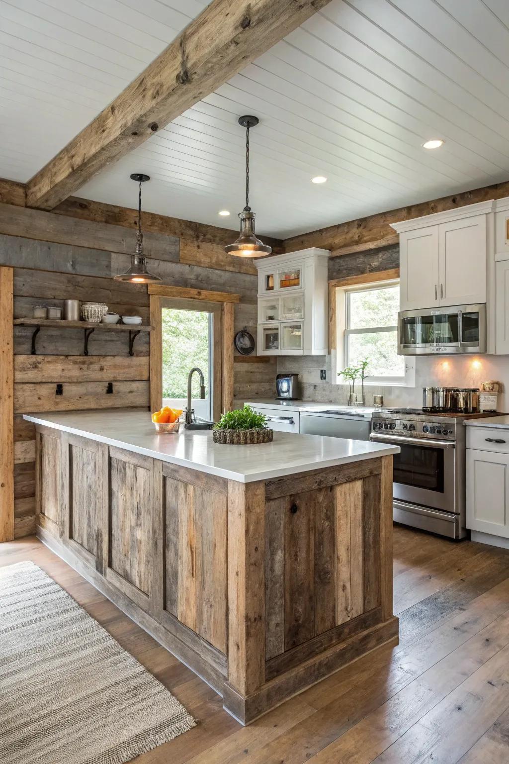 Recaptured barn lumber brings historical charm to this kitchen environment.