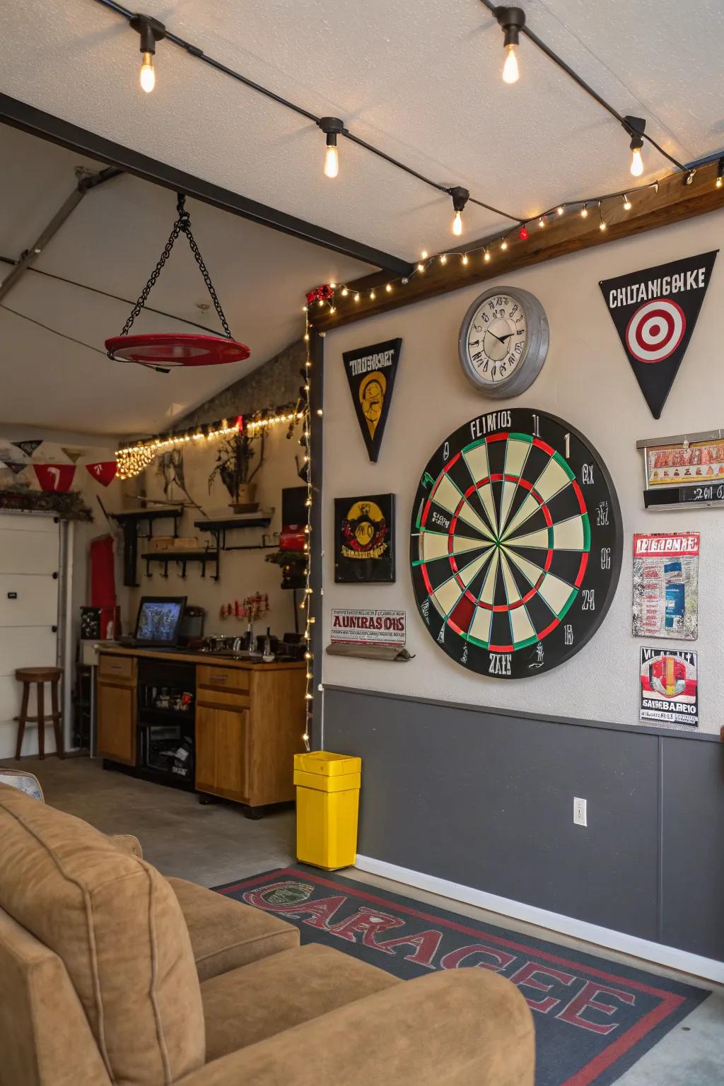 A dartboard invites friendly competition inexpensively.
