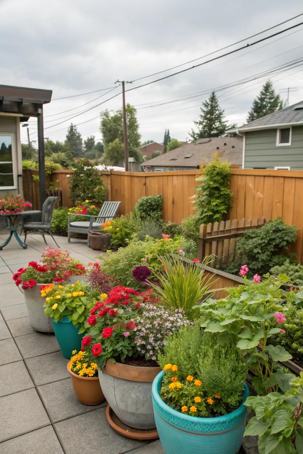 A vibrant container garden in Portland introduces color with minimal exertion.