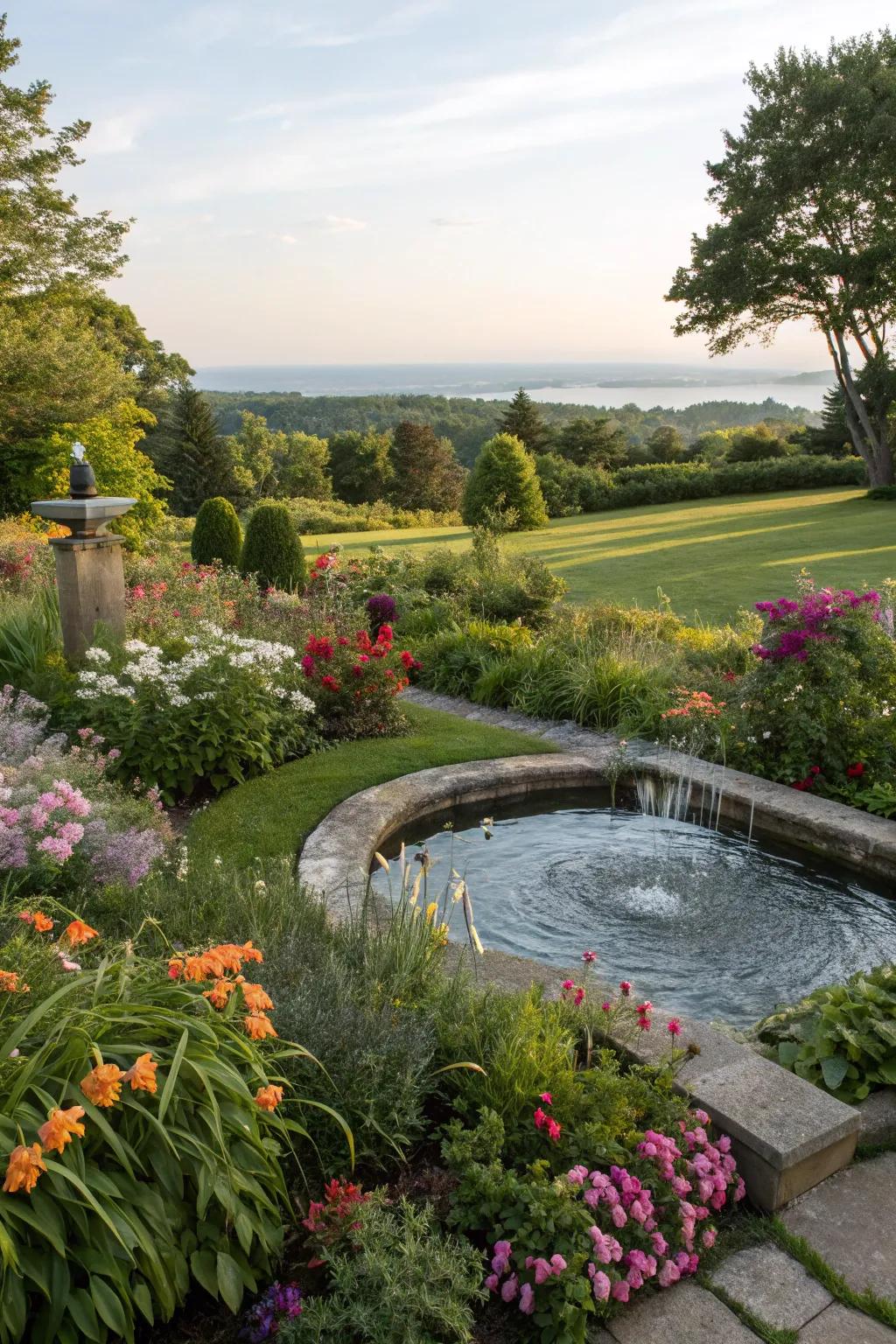 A gentle aquatic feature introduces sound and vitality to the garden.
