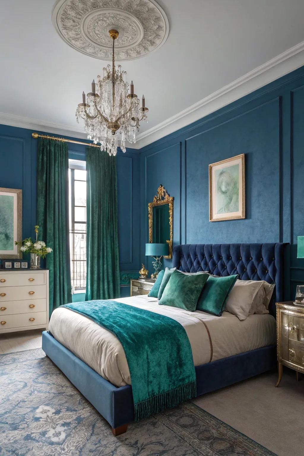 A luxurious bedroom featuring a creative color use to energize the space.