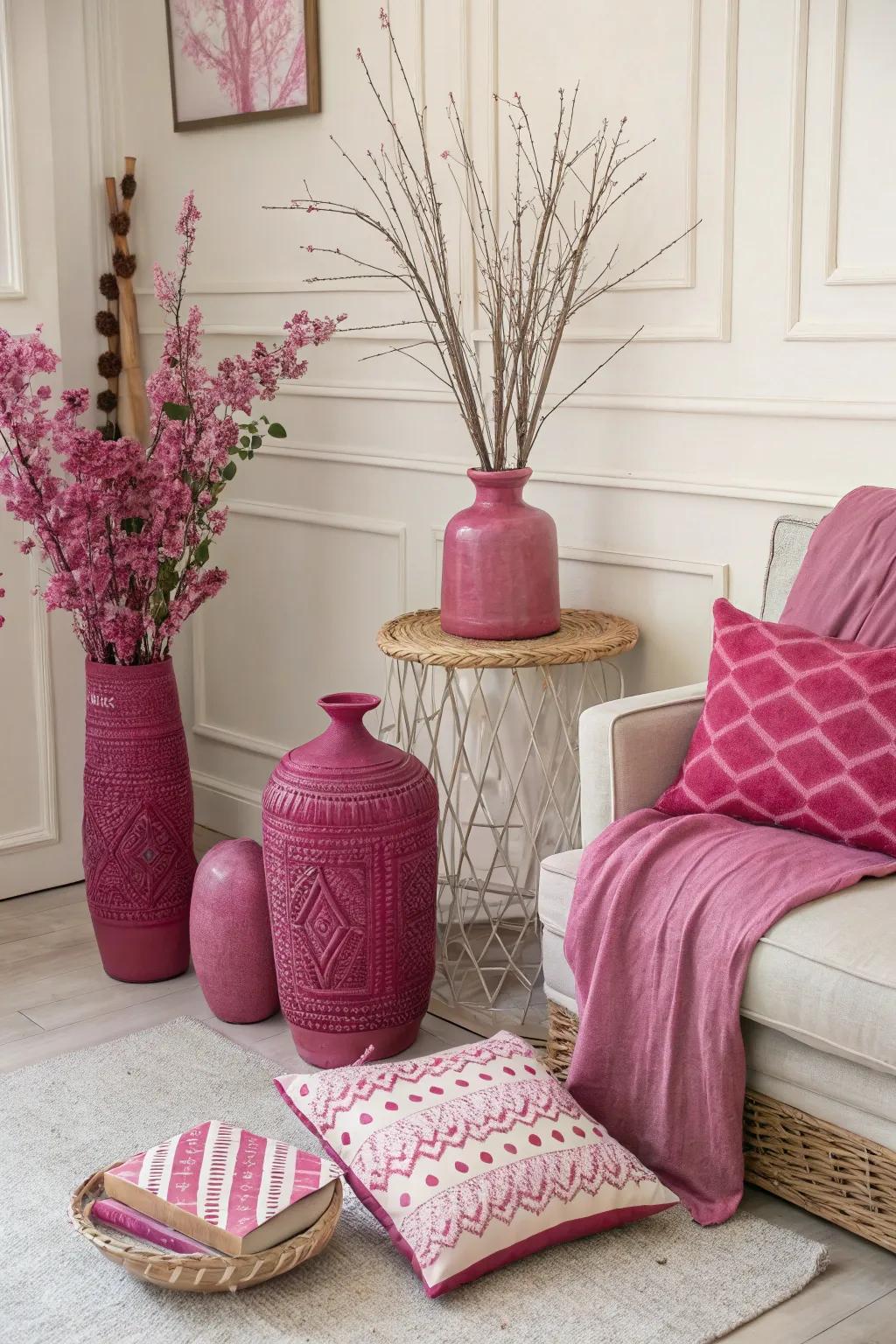 Cerise accessories add vibrant pops of color to this stylish room.