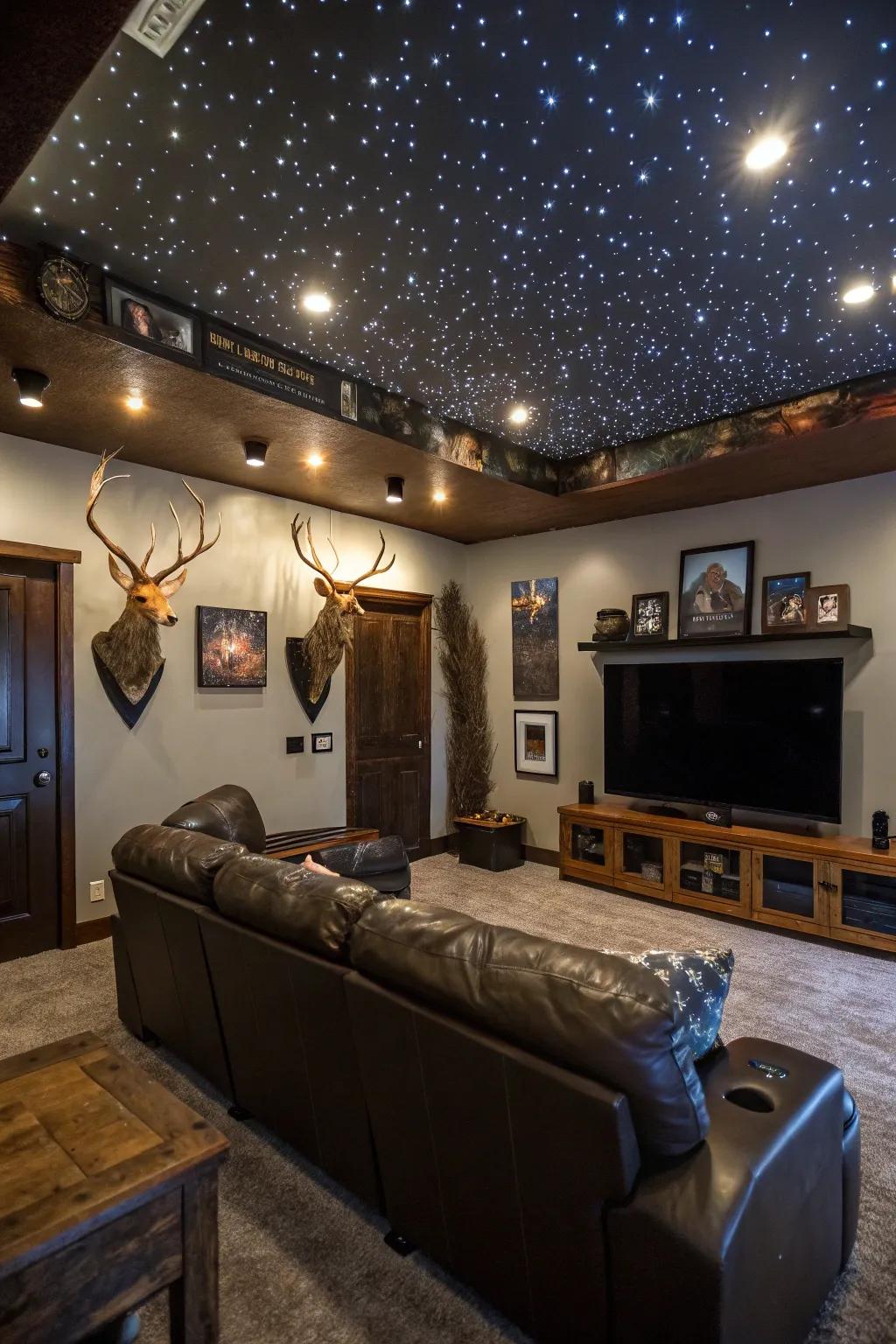 An imaginative ceiling design emulates a starry night sky inside this man cave.
