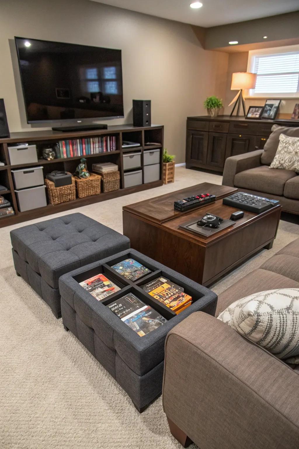 Concealed storage alternatives featuring ottomans and coffee tables.