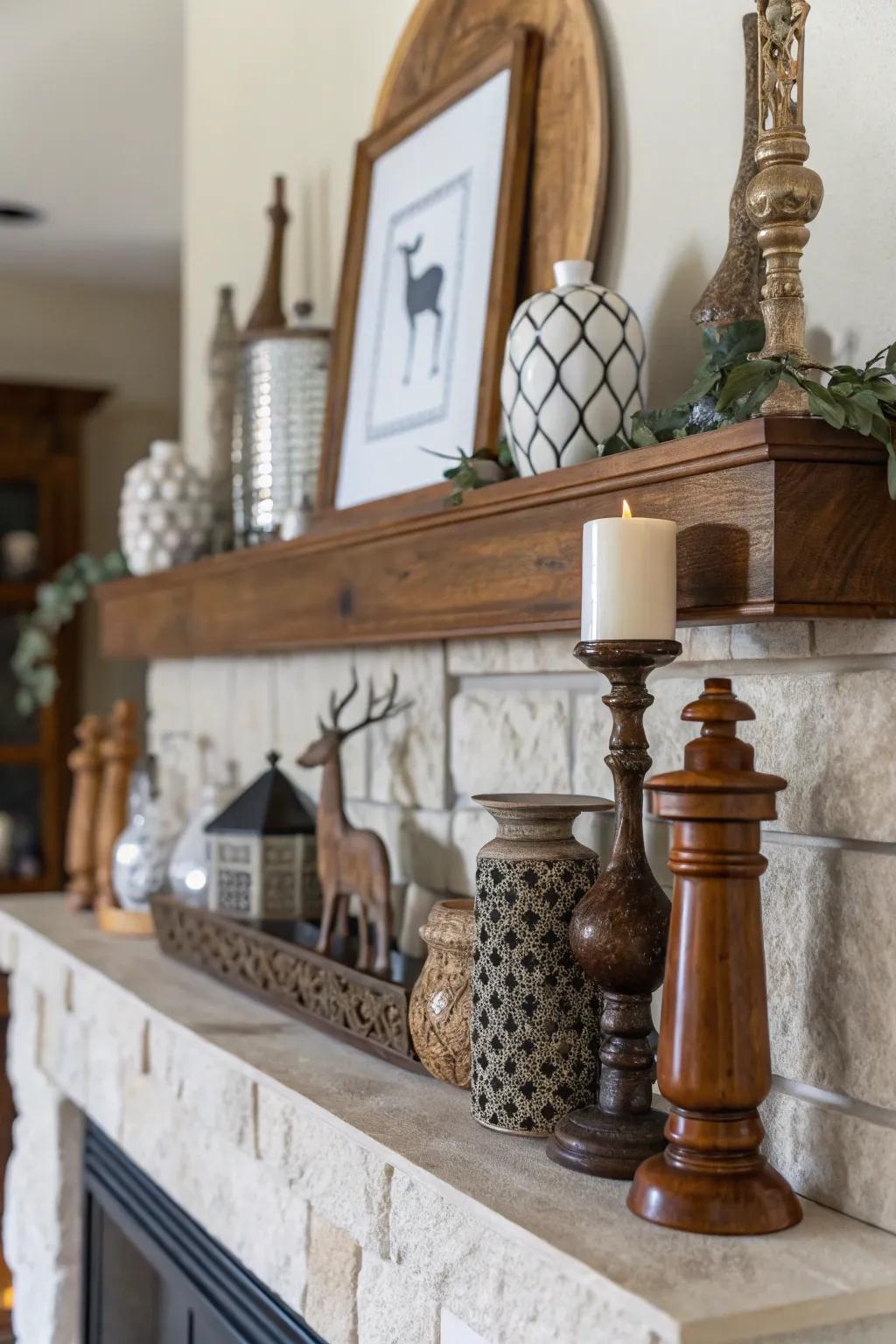 An eclectic mix of materials adds depth and character to this mantel.