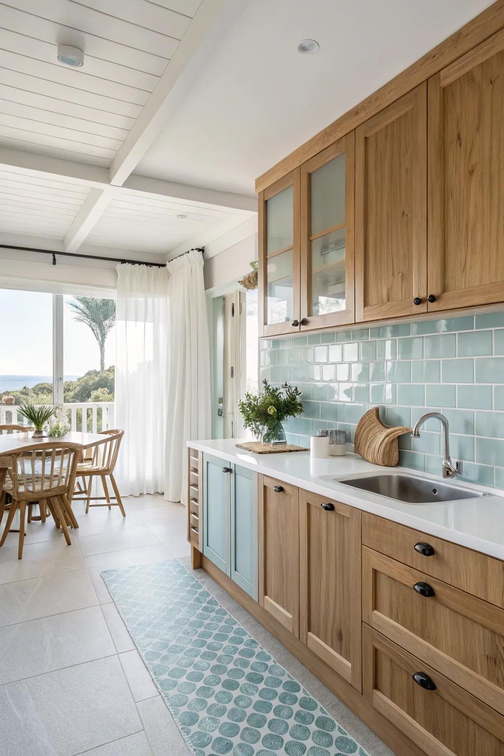 A coastal-inspired culinary space with lightwood units establishing a revitalizing atmosphere.