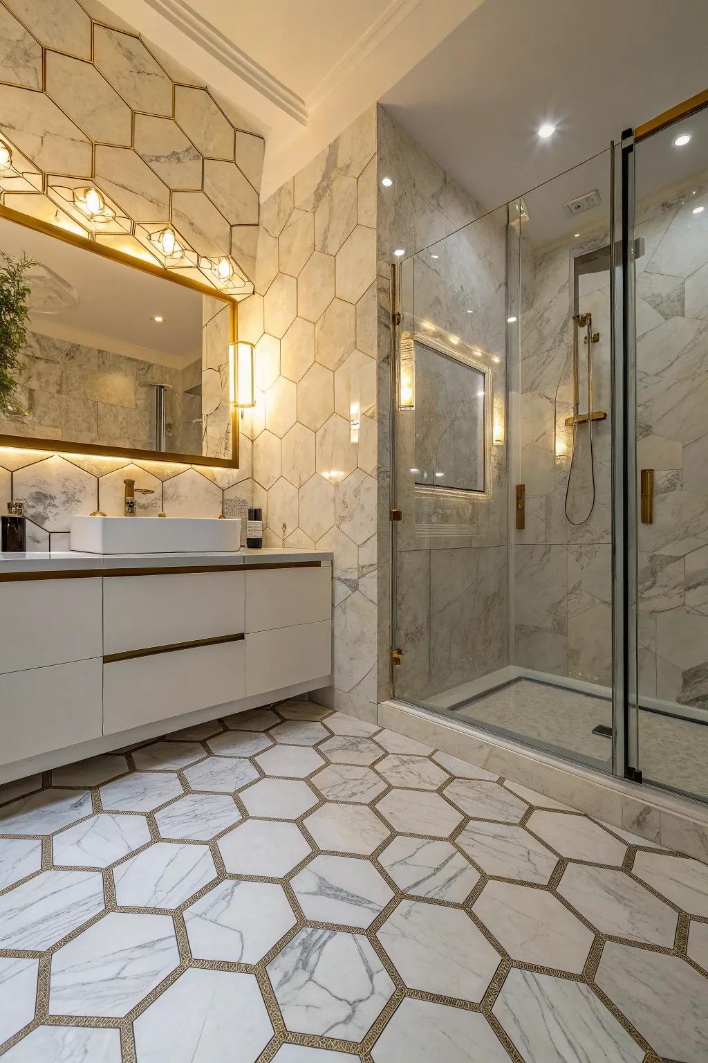 Modern hexagon limestone-effect porcelain tiles add geometric interest to this bathroom.