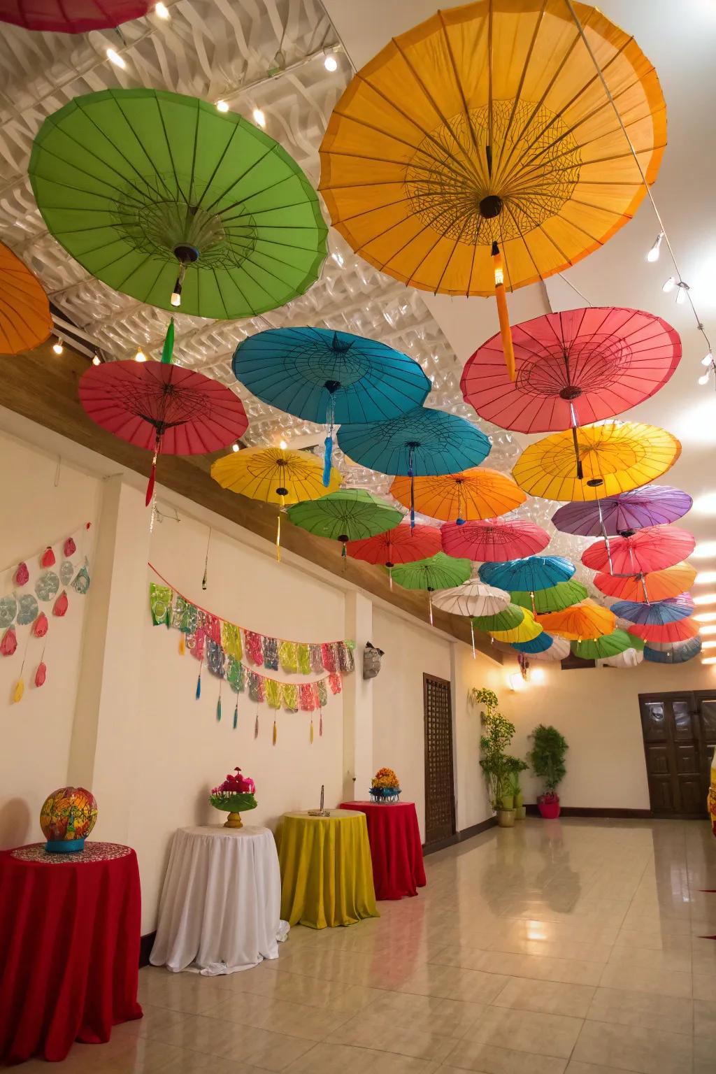 Sunshades provide a whimsical nod to traditional Mardi Gras parades.