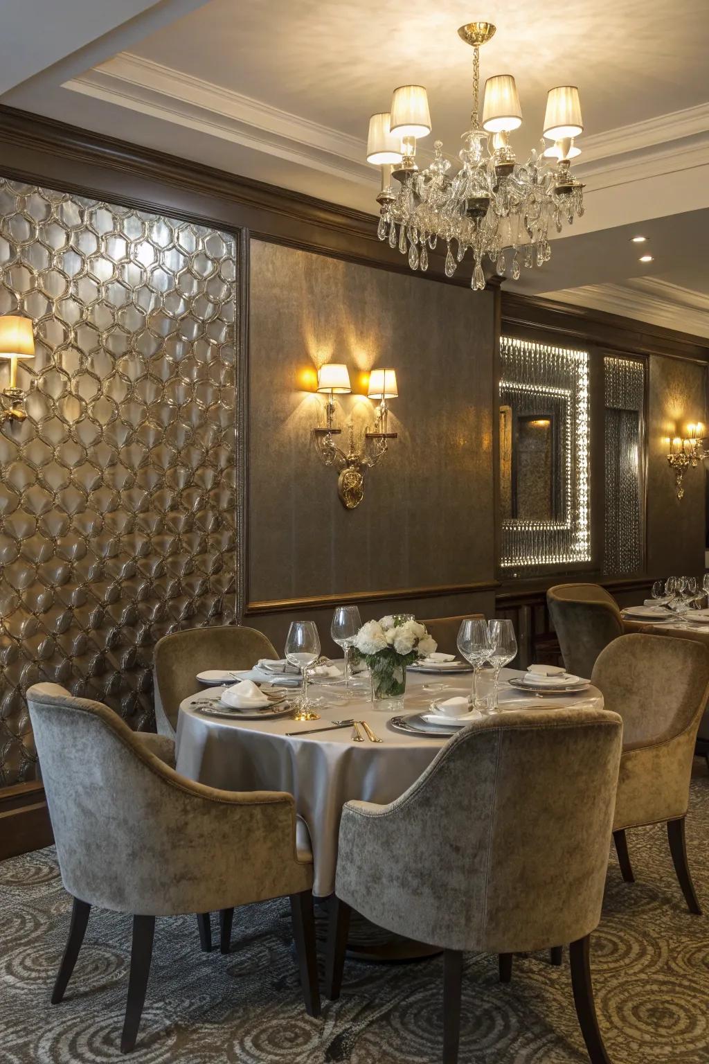 Metal wallcovering adds elegance and dimension.