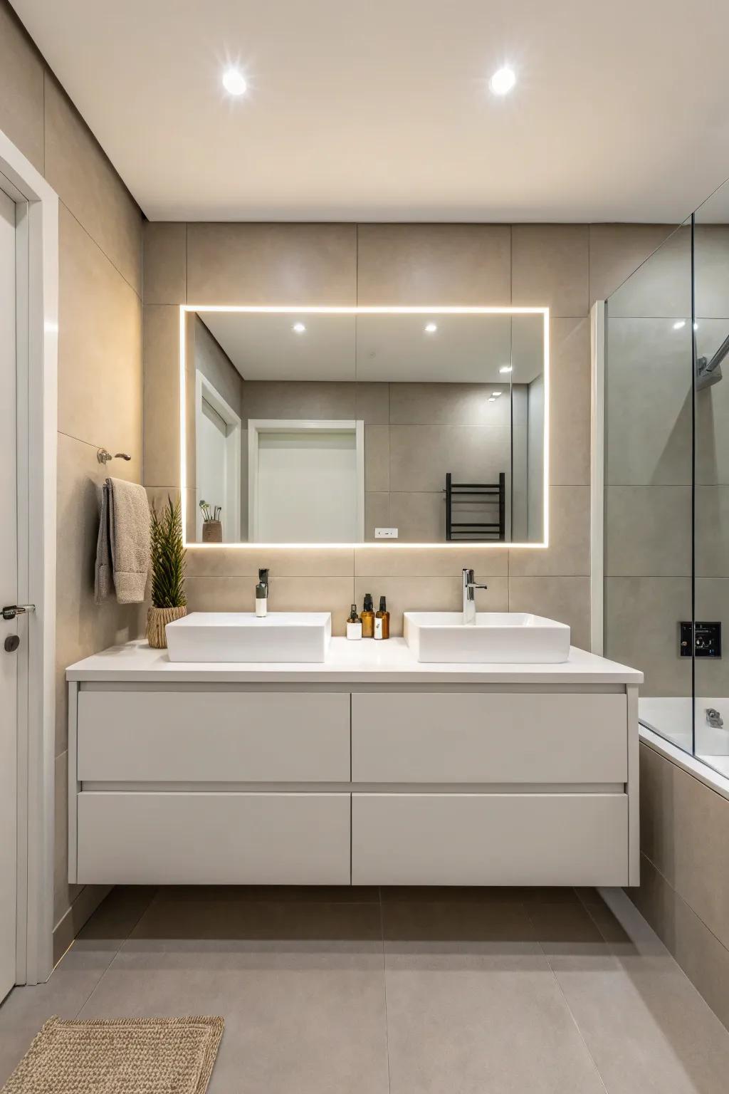 A minimalist bathroom design showcasing crisp lines and a simplistic vanity layout.