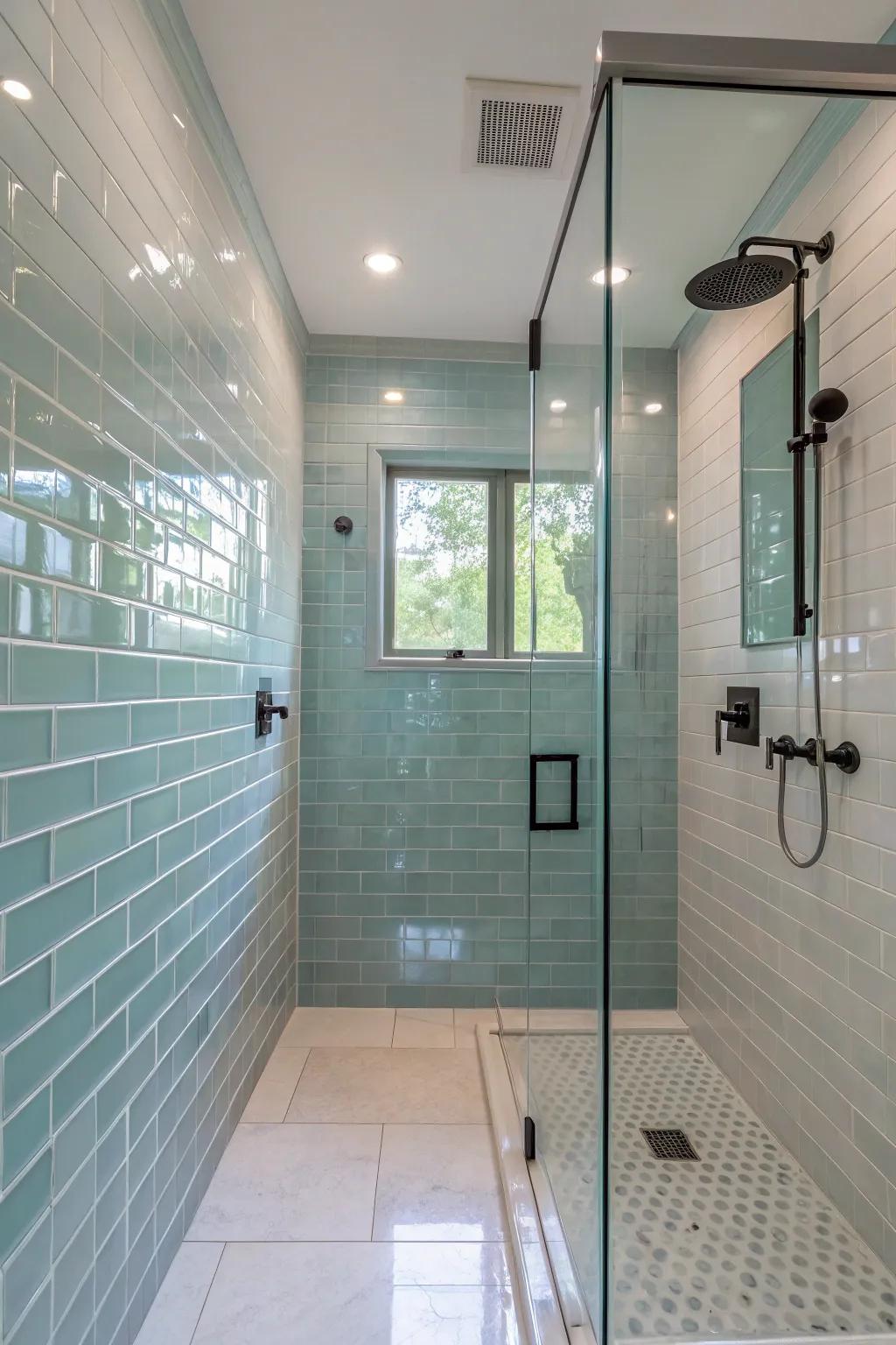 A shower stall exhibiting unblemished vitreous pavers, amplifying illumination and expansiveness.