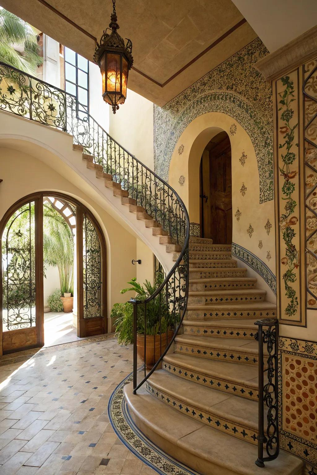 A curved staircase introduces elegance and flow to a Mediterranean style entry.