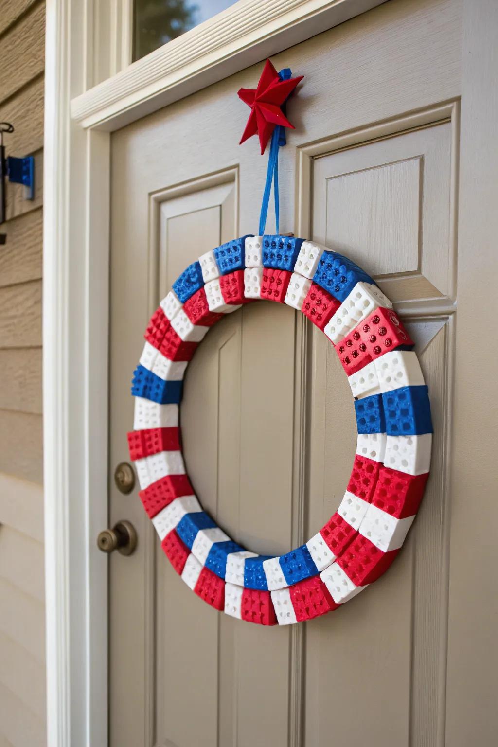 A spirited and imaginative Lego brick wreath in patriotic colors.