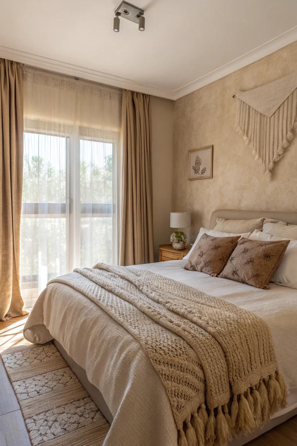 Oatmeal and fawn provide a serene, sophisticated backdrop.