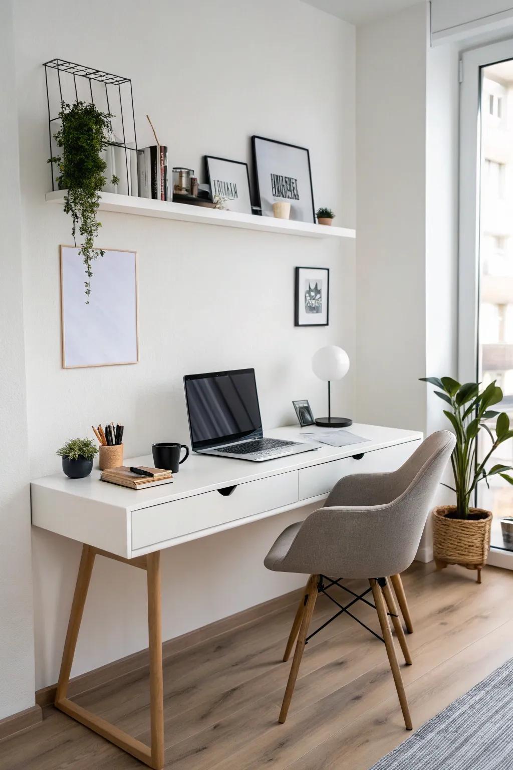 A suspended work surface delivers a pristine and sophisticated workspace.