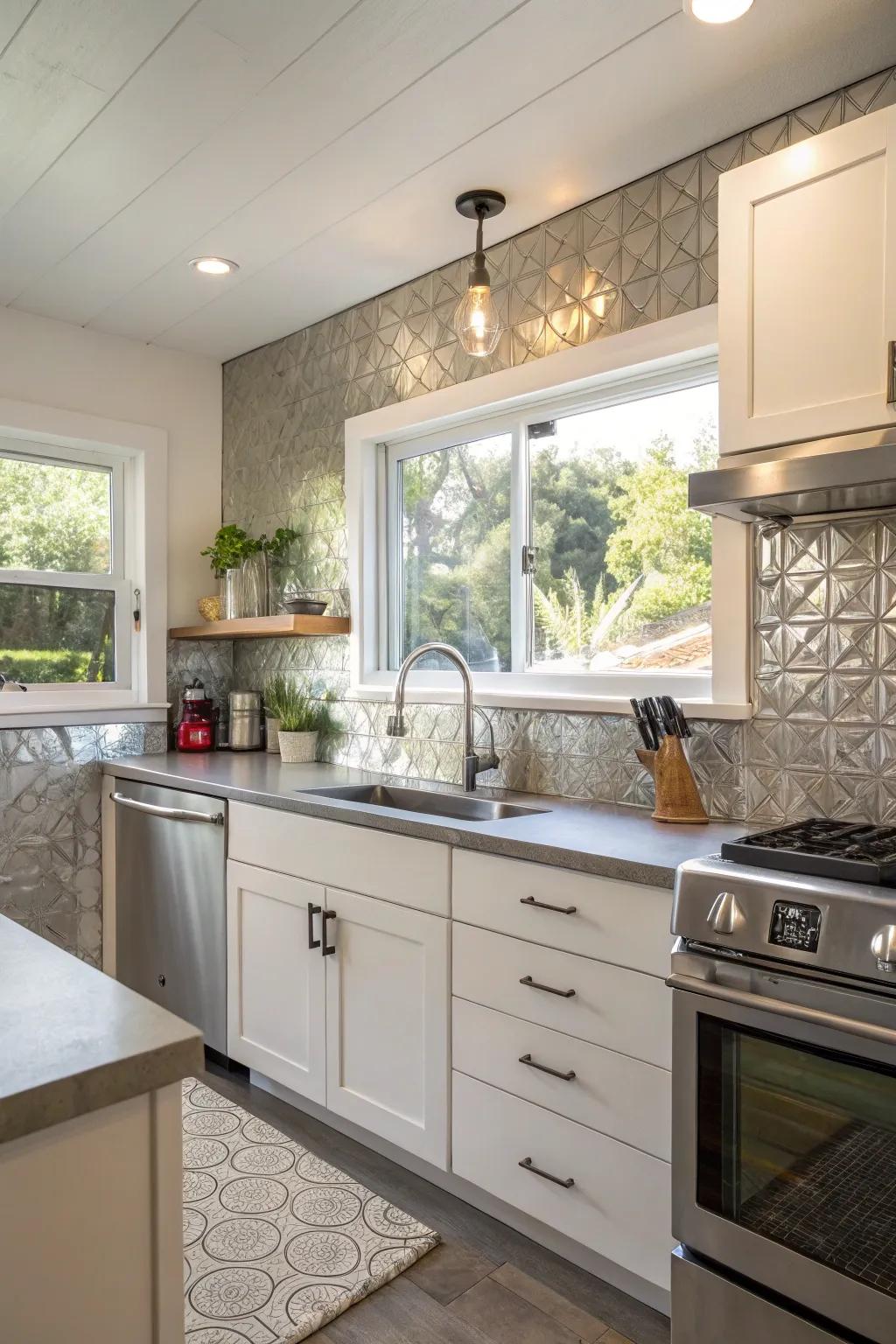 An eco-conscious kitchen using a ReclaimMetal backsplash.