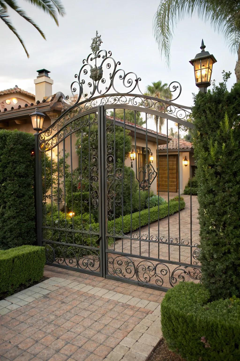A personalized metal gate featuring decorative elements that impart a unique character.