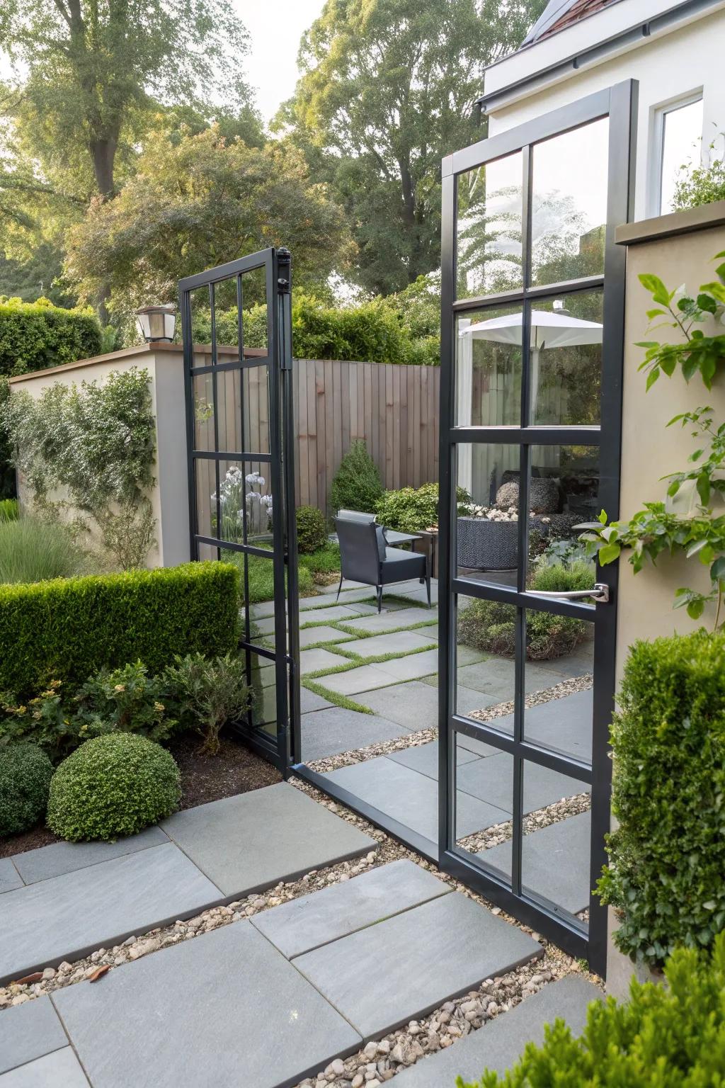 Crystalline panes in metal gates contribute a modern, airy sensation.