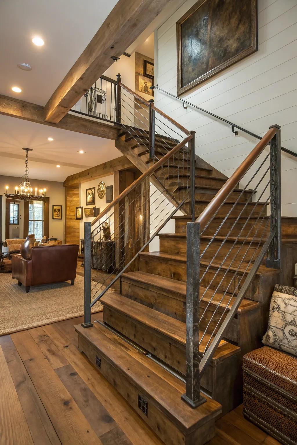Combine contemporary and country-style elements using this distinctive stairway design.
