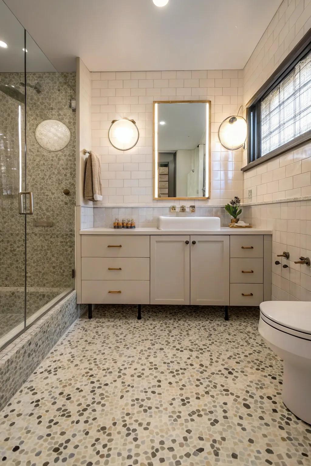 Terrazzo tiles impart a distinctive and timeless design to the floor.