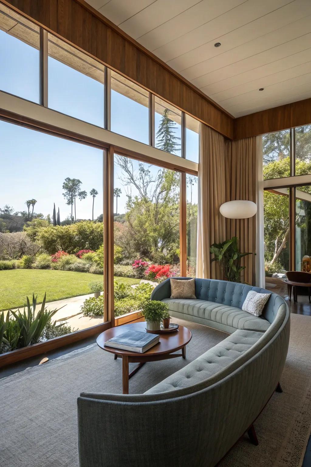 Expansive windows offering indoor-outdoor views enrich this mid-century modern living space.