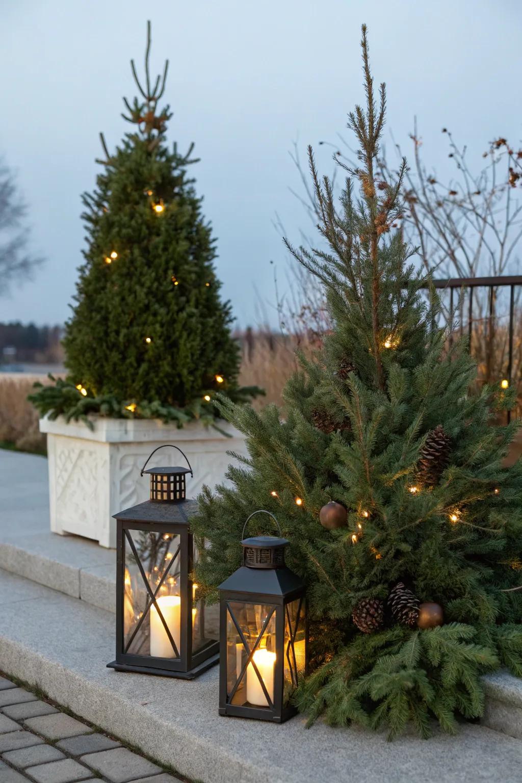 Uncomplicated and organic exterior decorations with evergreens and beacons.