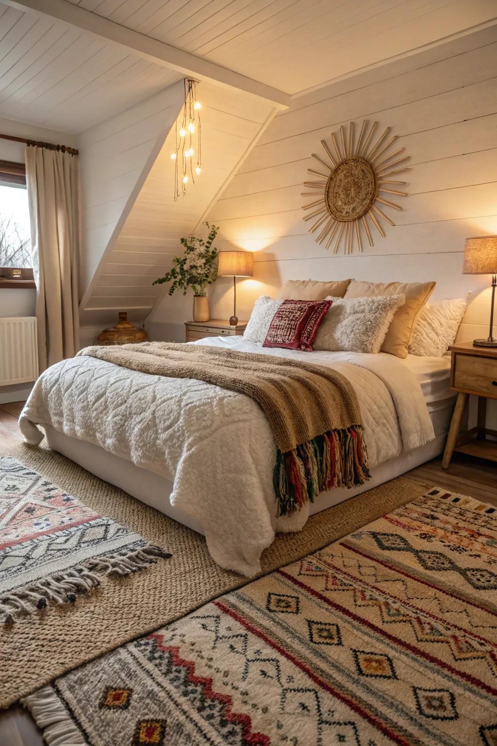 Layered carpeting enriches opulence and depth to a bedroom.