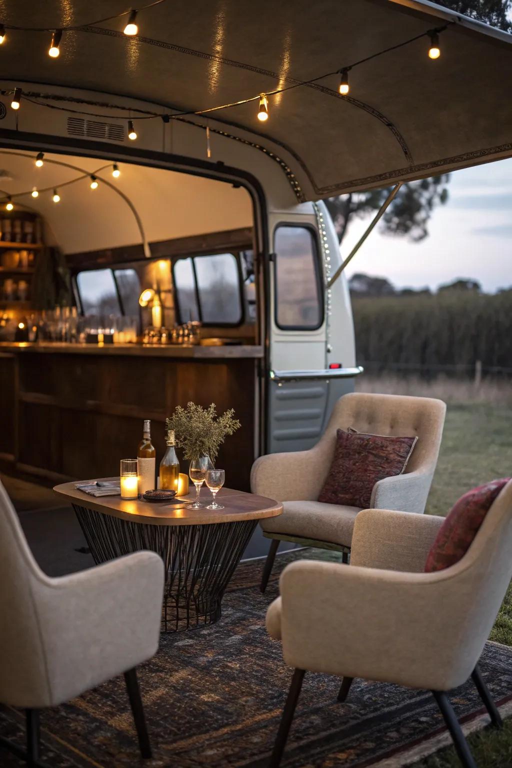 A cozy seating nook enhances the social atmosphere of this rolling bar.
