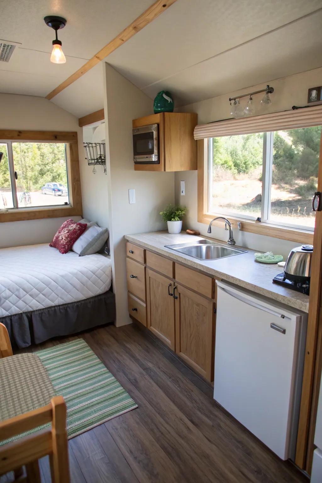A small private quarters including a bed in addition to a small kitchenette, providing a welcoming area for visitors.