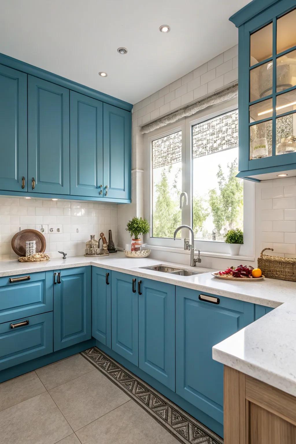 Muted tops furnish a soothing contrast to striking cabinetry.