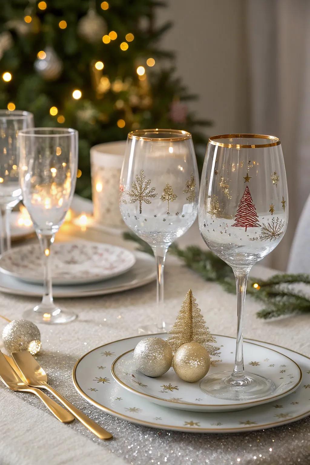 Elegant drinkware displaying festive patterns, enriching the table with an added sparkle.