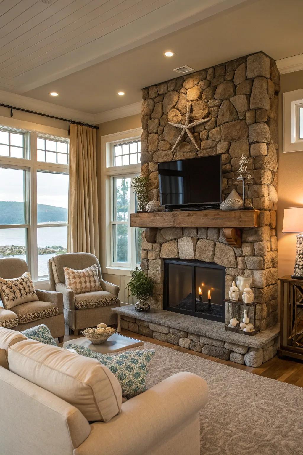 A stone hearth provides warmth and style.