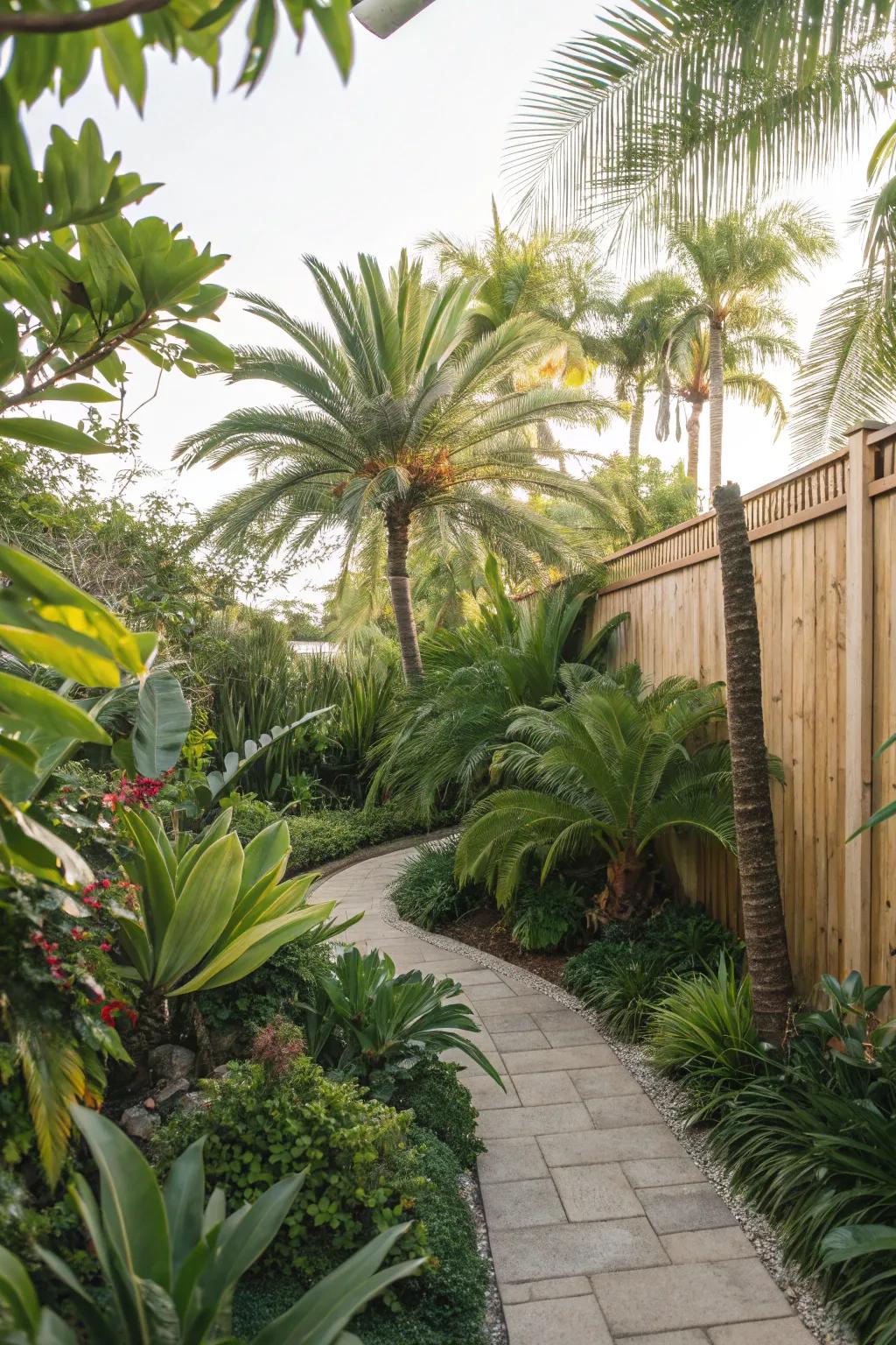 A tropical setting carries a vacation vibe to your yard.
