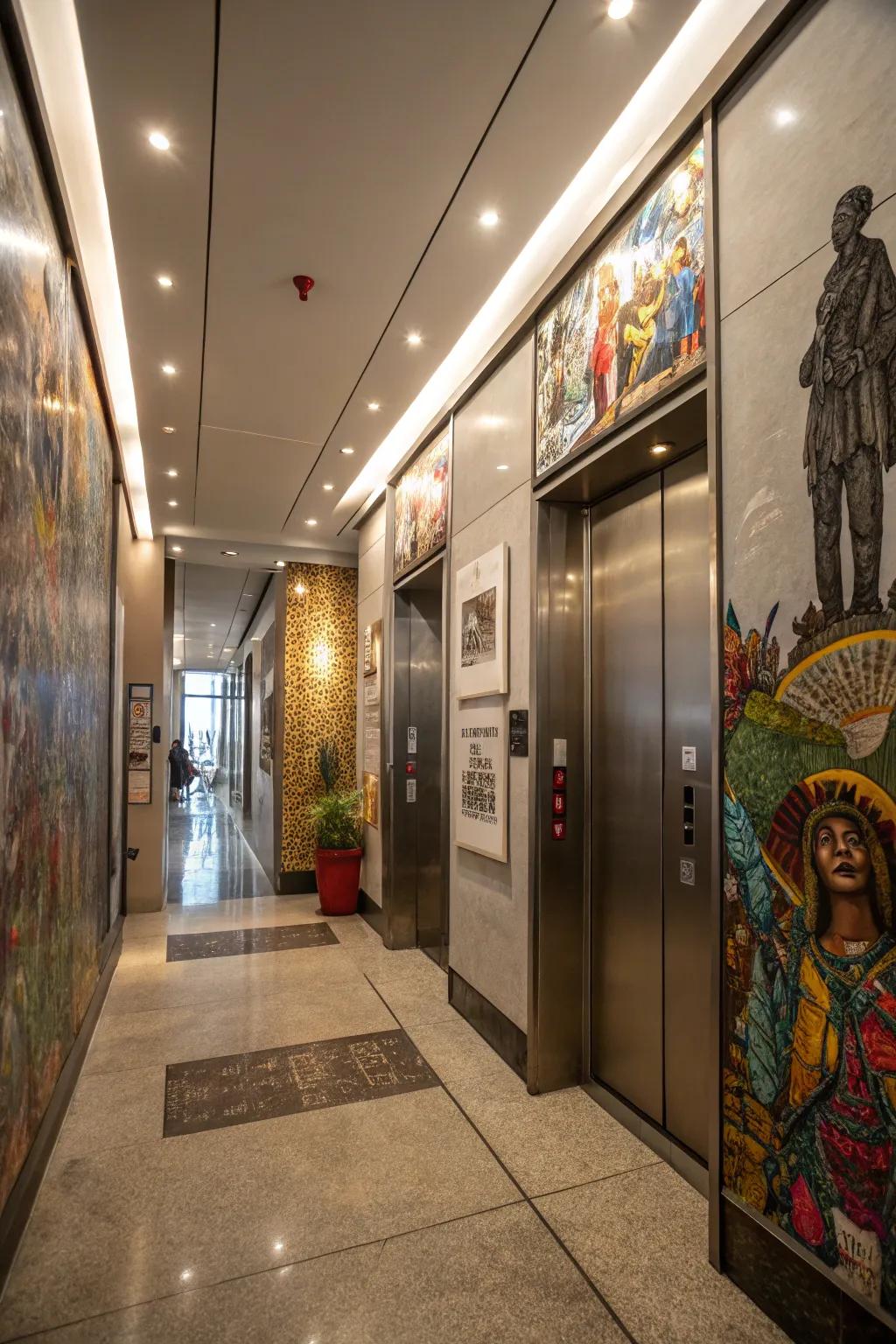 An elevator showcases artistic installations to create a gallery-like ambiance.