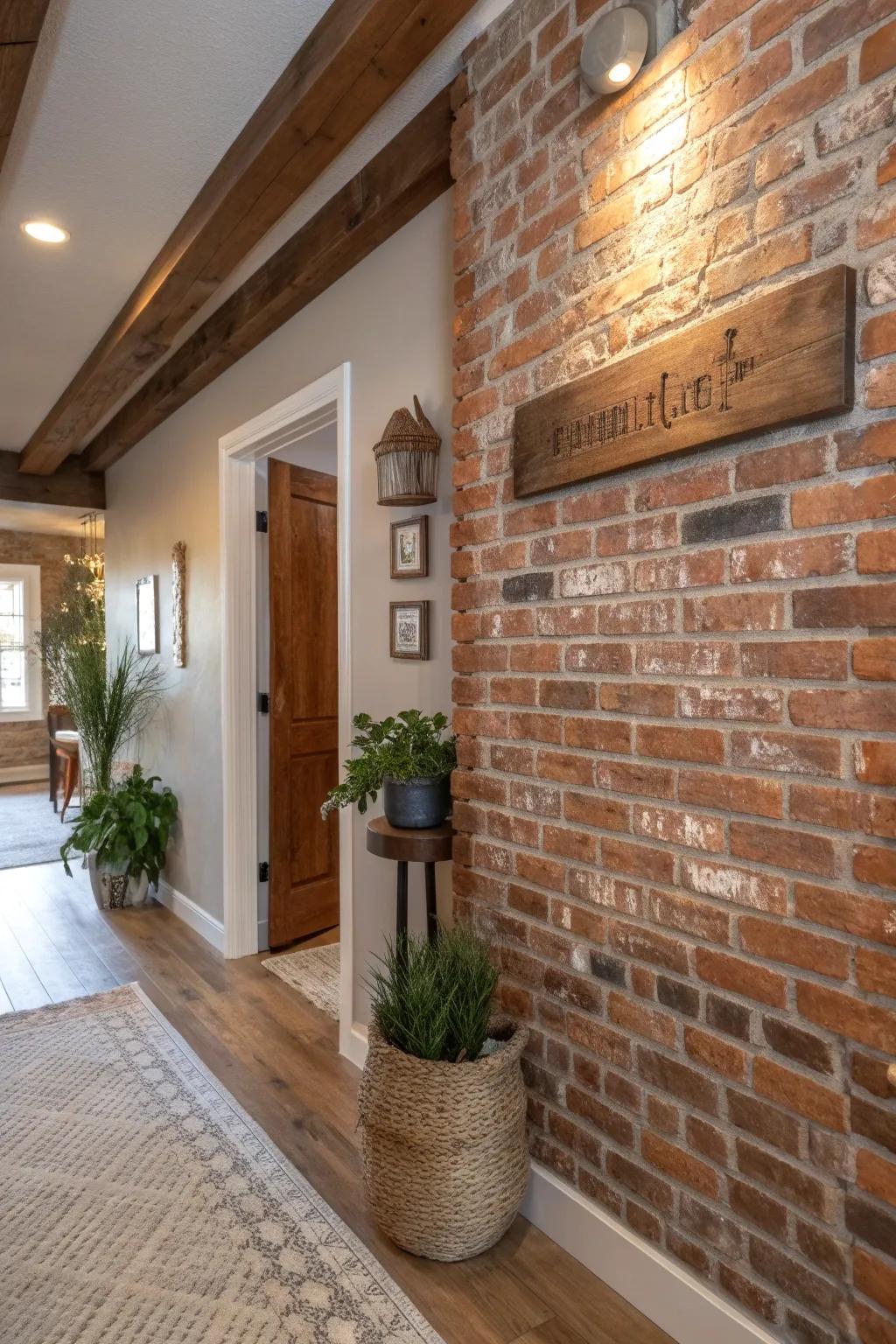 Country-style uncovered brick wall in a welcoming entryway.