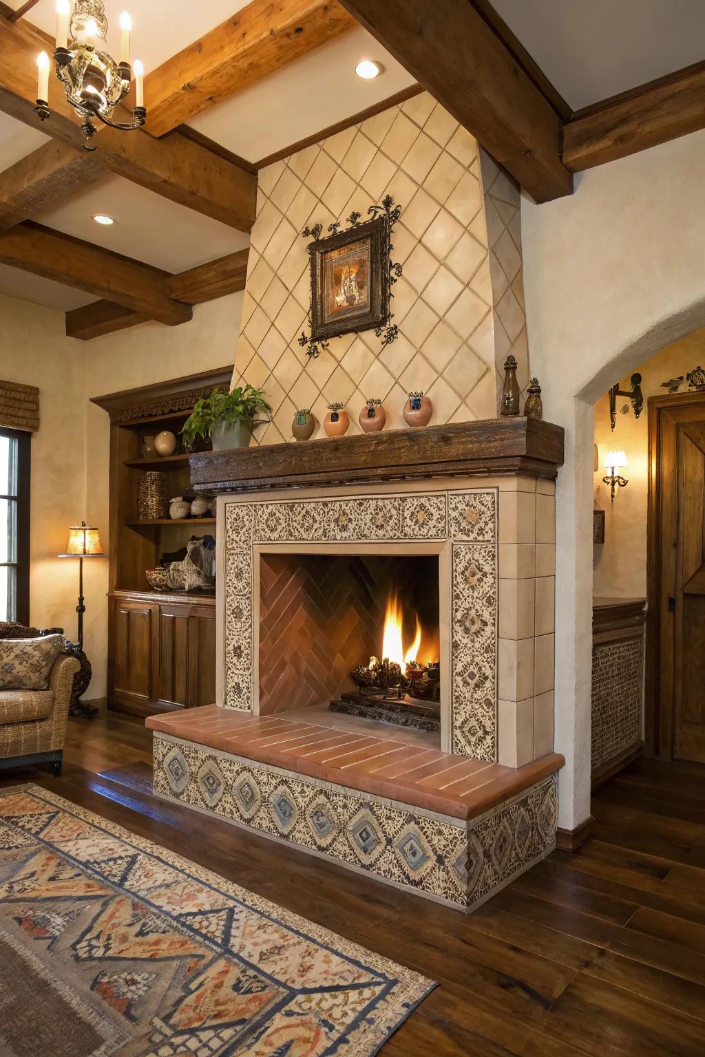 Fireplace with charming handcrafted style stones.