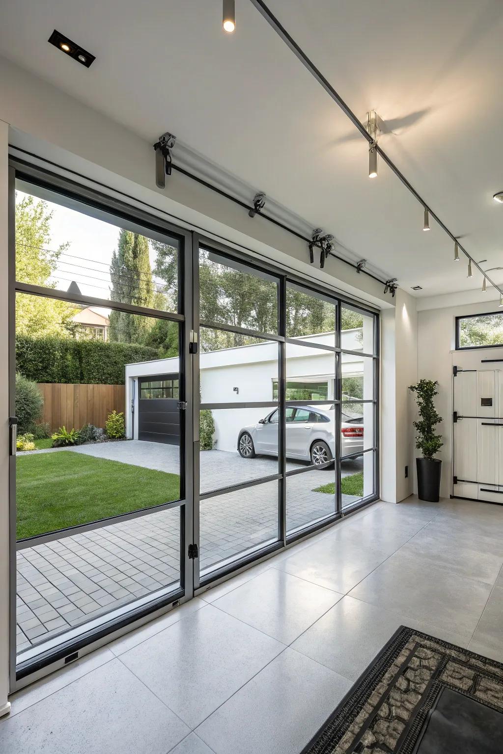 For a modern and bright space, use glass garage doors.