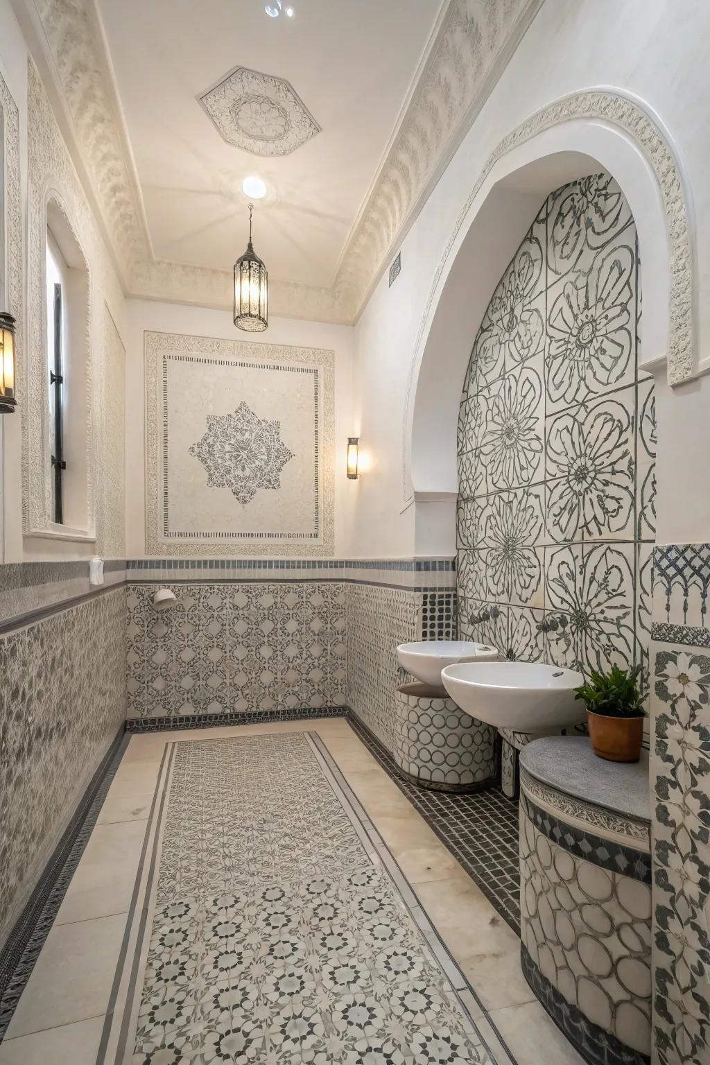 Distinct tile designs infuse creativity and interest into the bathroom's design.
