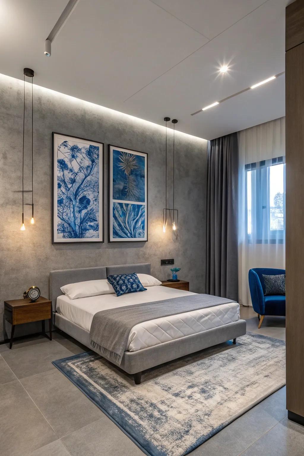 Azure artwork displayed against grey walls creates a captivating visual contrast.