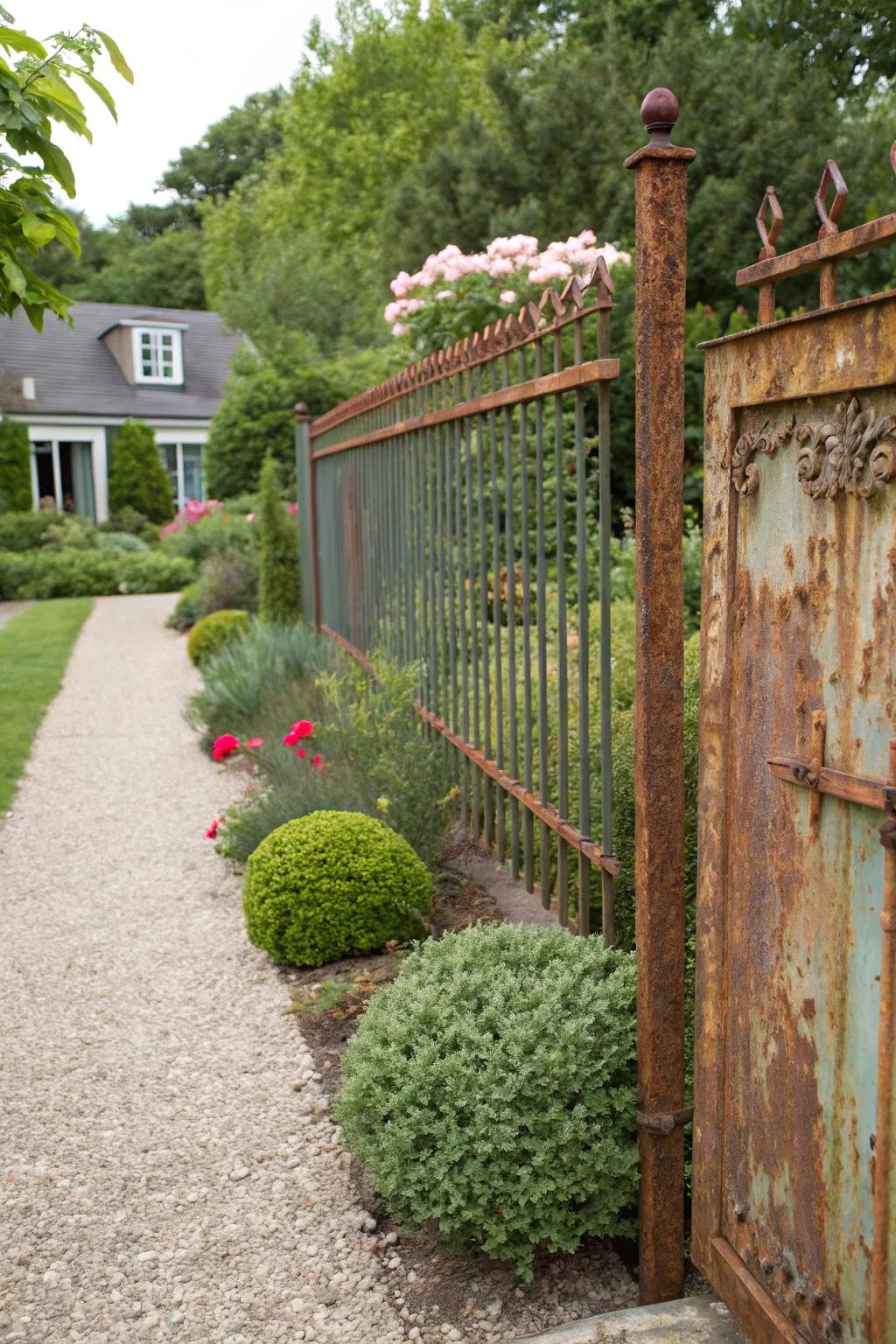 A rusted finish offers a charming rustic touch.