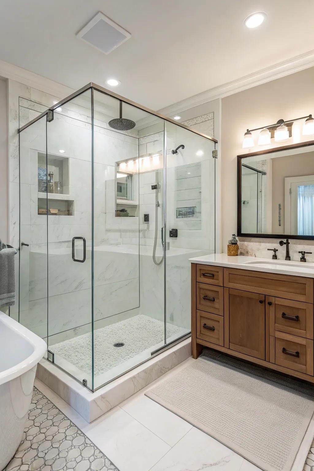An ambulatory hydration chamber contributes to a sumptuous bathroom immersion.