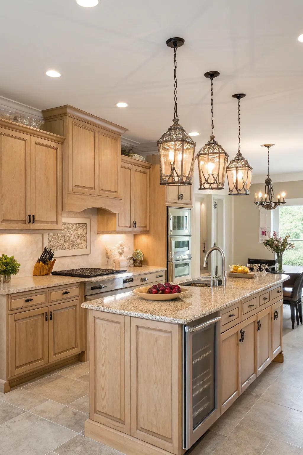 Pendant illumination introduces an element of refinement to a kitchen featuring pale maple cabinets.