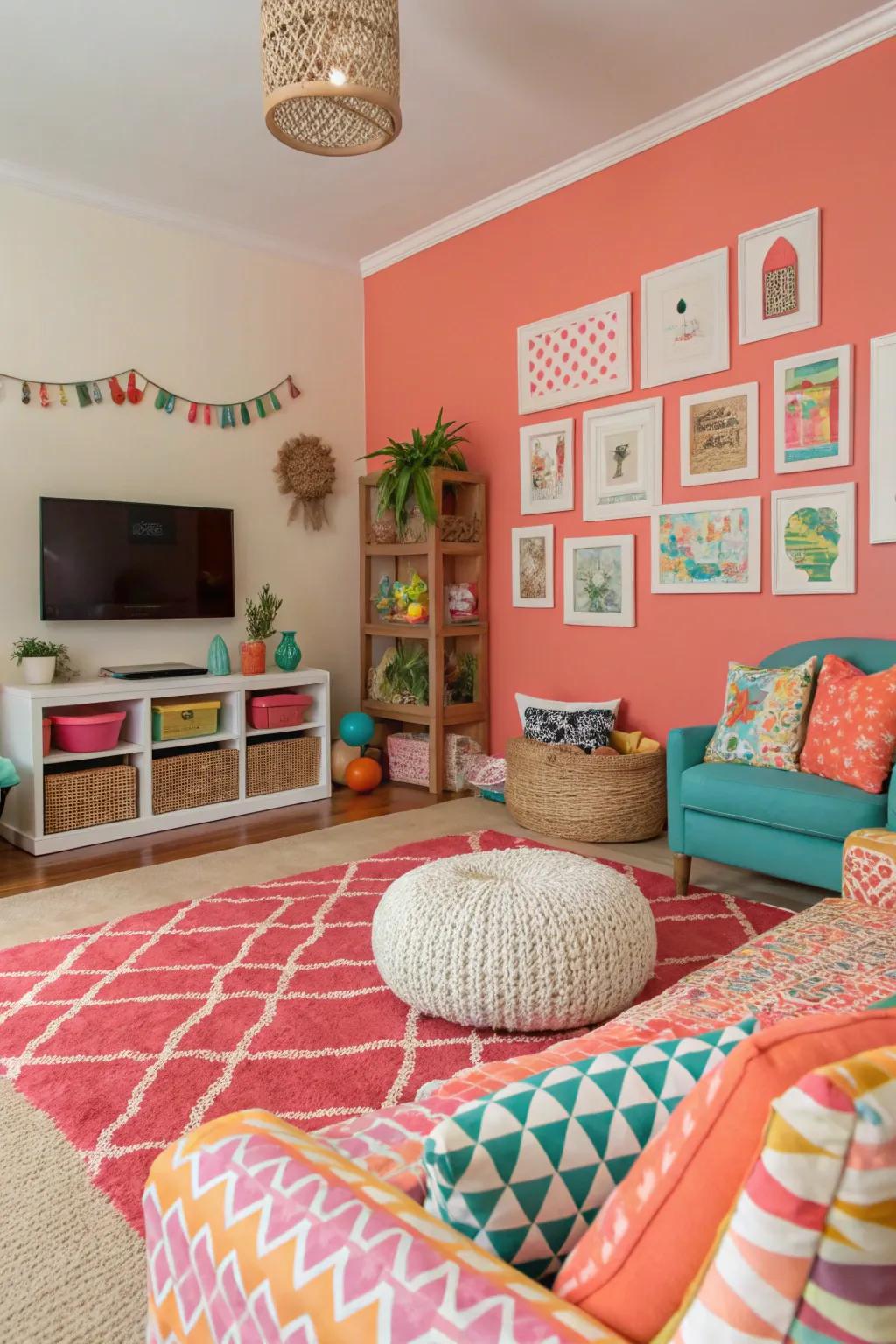 Walls in coral bring vigor and vibrancy to this lively living space.