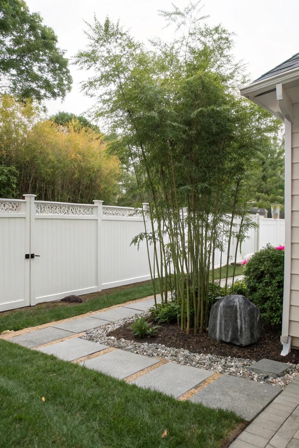 A serene Zen corner featuring bamboo in a modern front yard.