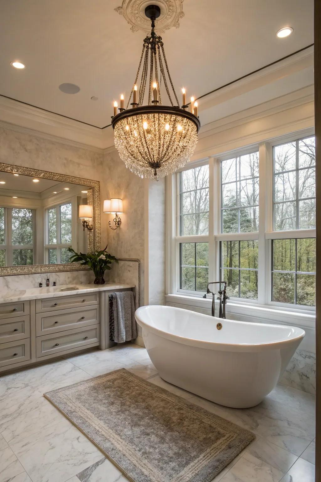 Statement lighting introduces glamour to the bathroom space.